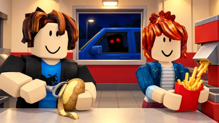 Sell Fries official art: two workers peel potatoes and serve fries while a red-eyed figure waits in a car at the drive-thru window