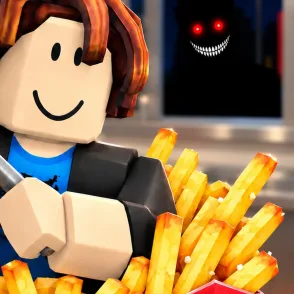 Sell Fries official art: a shadow with glowing red eyes and a wide grin stands outside the fry shop window at night
